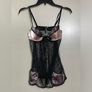 Victorias Secret Black Pink Lace Front-Tie Babydoll Sexy Lingerie Night Gown 34B